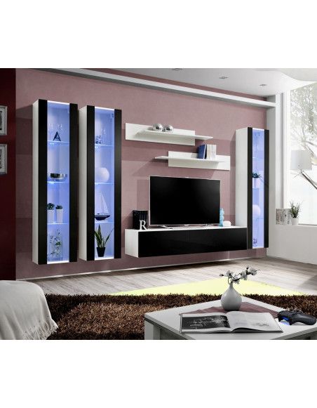 Ensemble meuble TV mural  - Fly IV - 310 cm x 190 cm x 40 cm - Blanc et noir