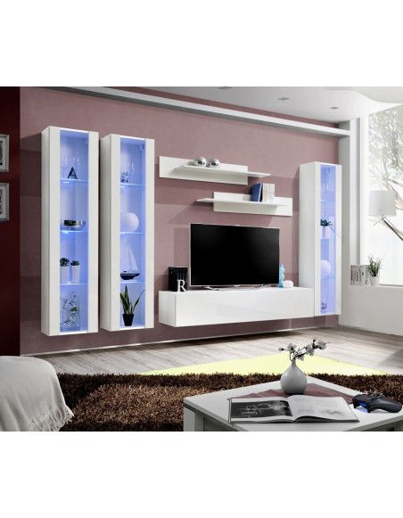 Ensemble meuble TV mural  - Fly II - 310 cm x 190 cm x 40 cm - Blanc