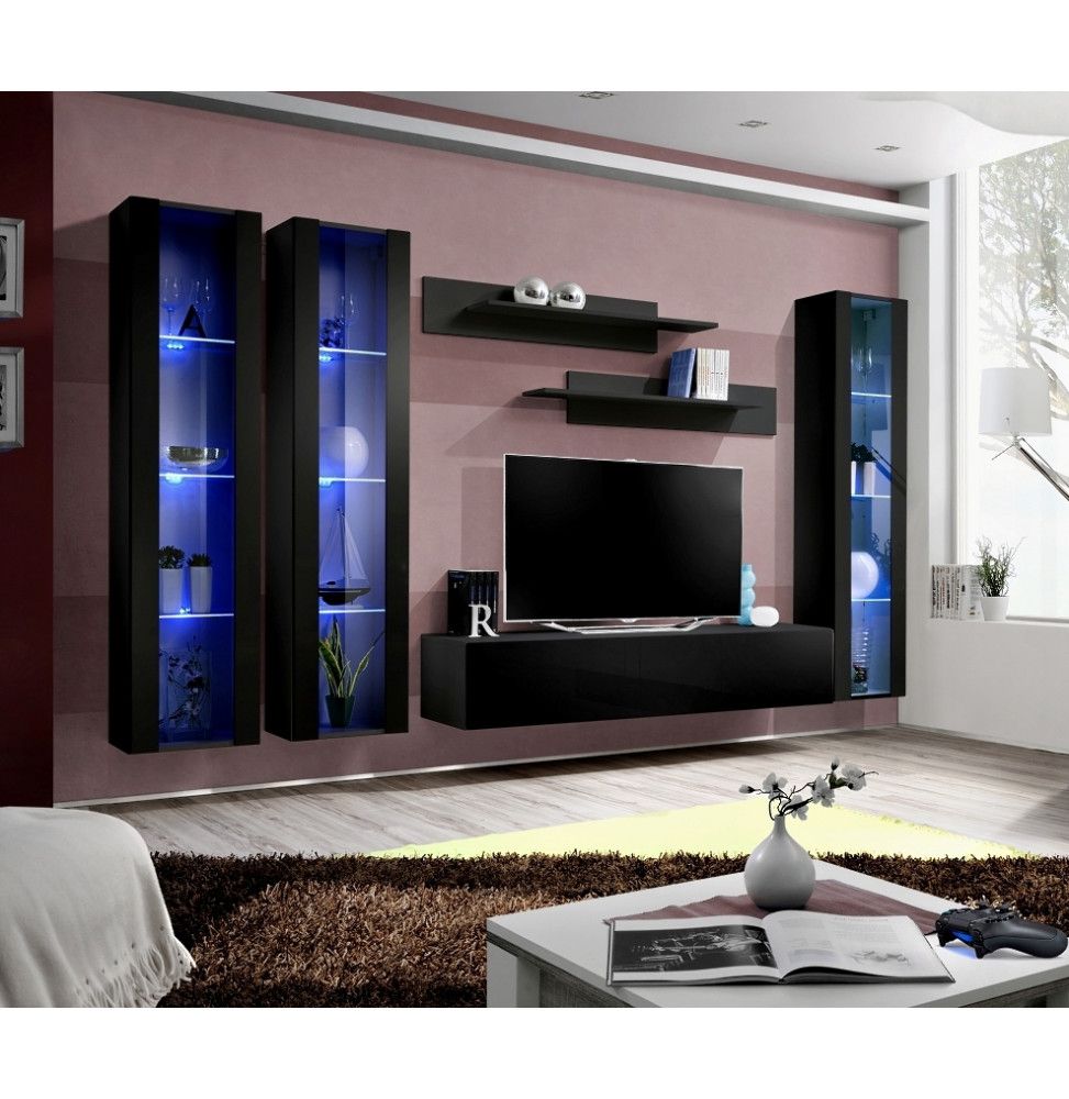 Ensemble meuble TV mural  - Fly V - 310 cm x 190 cm x 40 cm - Noir