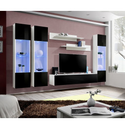 Ensemble meuble TV mural  - Fly II - 310 cm x 190 cm x 40 cm - Blanc et noir