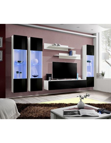 Ensemble meuble TV mural  - Fly II - 310 cm x 190 cm x 40 cm - Blanc et noir