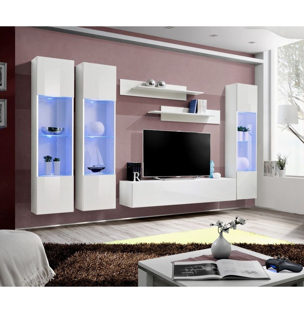 Ensemble meuble TV mural - Fly III - 310 cm x 190 cm x 40 cm - Blanc