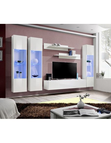 Ensemble meuble TV mural  - Fly III - 310 cm x 190 cm x 40 cm - Blanc