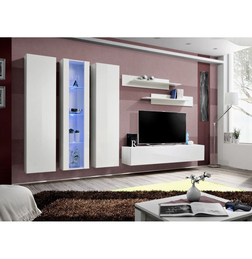 Ensemble meuble TV mural  - Fly IV - 310 cm x 190 cm x 40 cm - Blanc