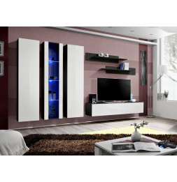 Ensemble meuble TV mural  - Fly IV - 310 cm x 190 cm x 40 cm - Noir et blanc