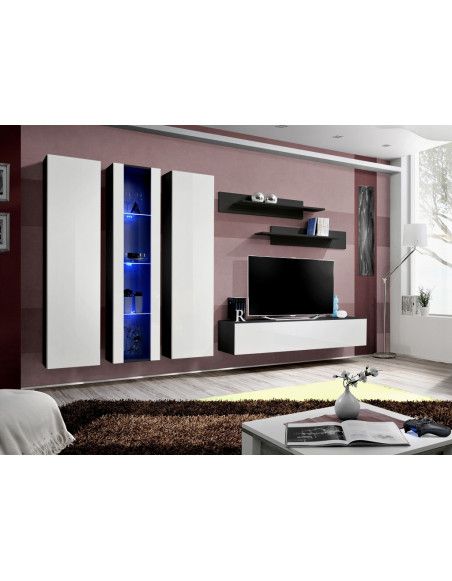 Ensemble meuble TV mural  - Fly IV - 310 cm x 190 cm x 40 cm - Noir et blanc