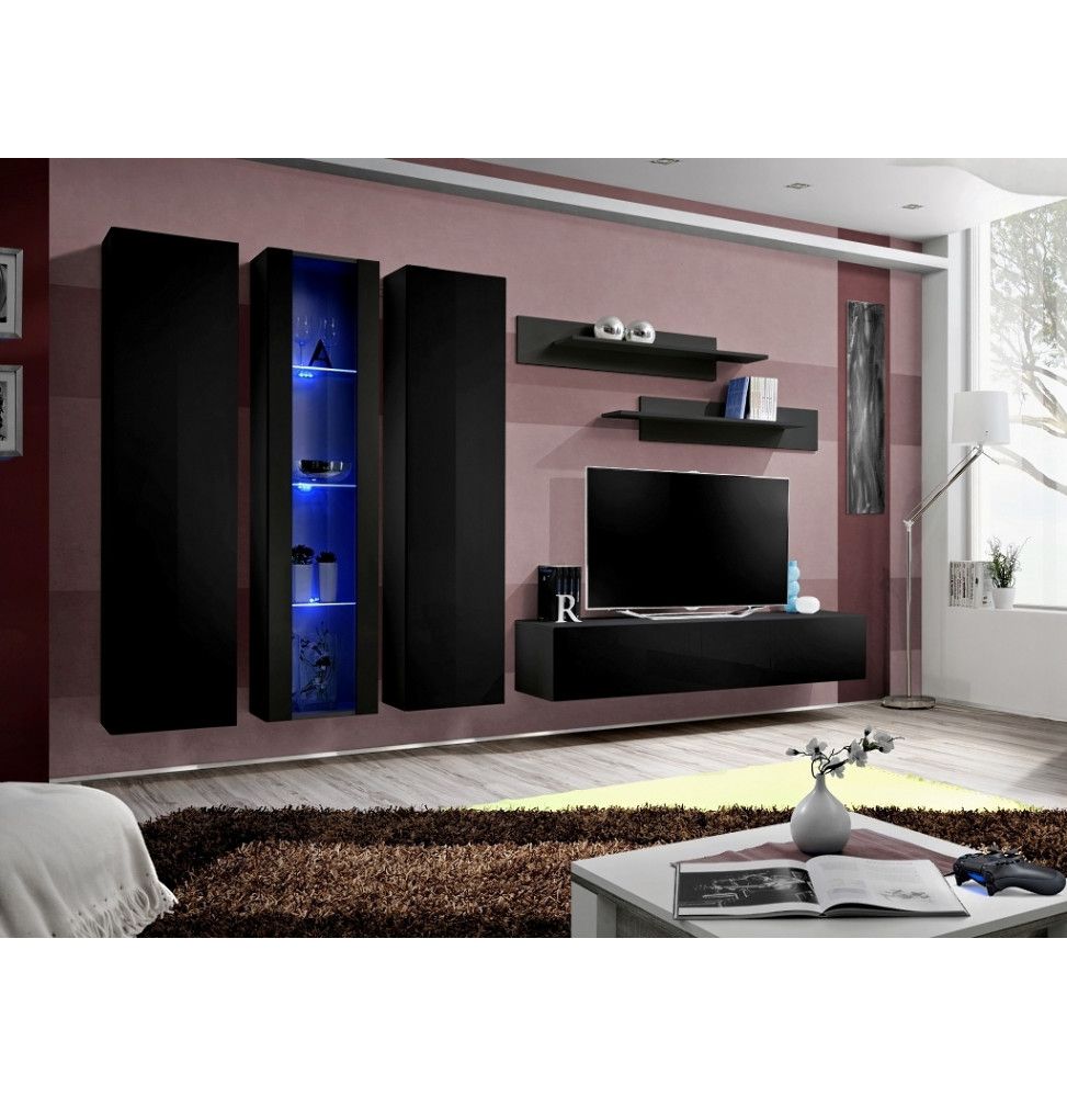 Ensemble meuble TV mural - Fly III - 310 cm x 190 cm x 40 cm - Noir