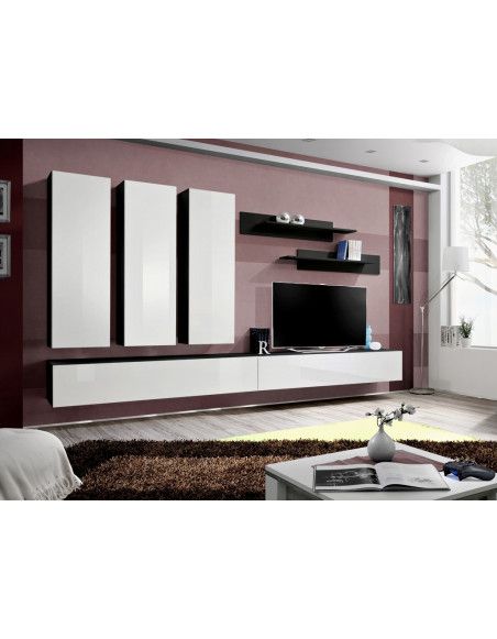 Ensemble meuble TV mural  - Fly I - 320 cm x 190 cm x 40 cm - Noir et blanc