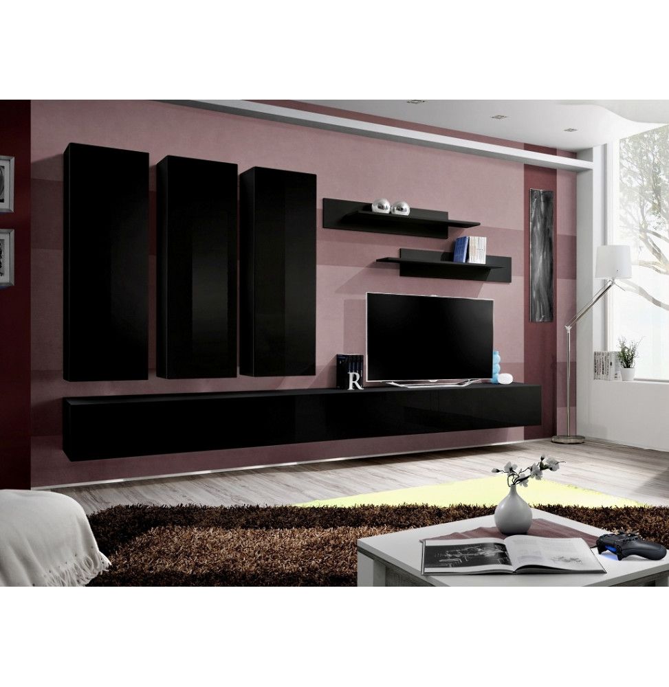 Ensemble meuble TV mural  - Fly I - 320 cm x 190 cm x 40 cm - Noir