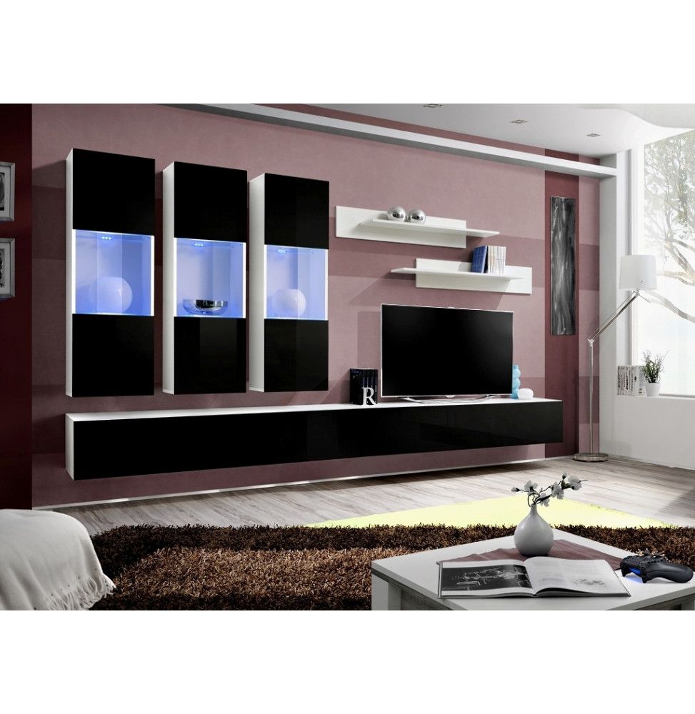 Ensemble meuble TV mural - Fly IV - 320 cm x 190 cm x 40 cm - Blanc et noir