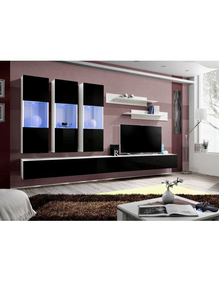 Ensemble meuble TV mural  - Fly IV - 320 cm x 190 cm x 40 cm - Blanc et noir