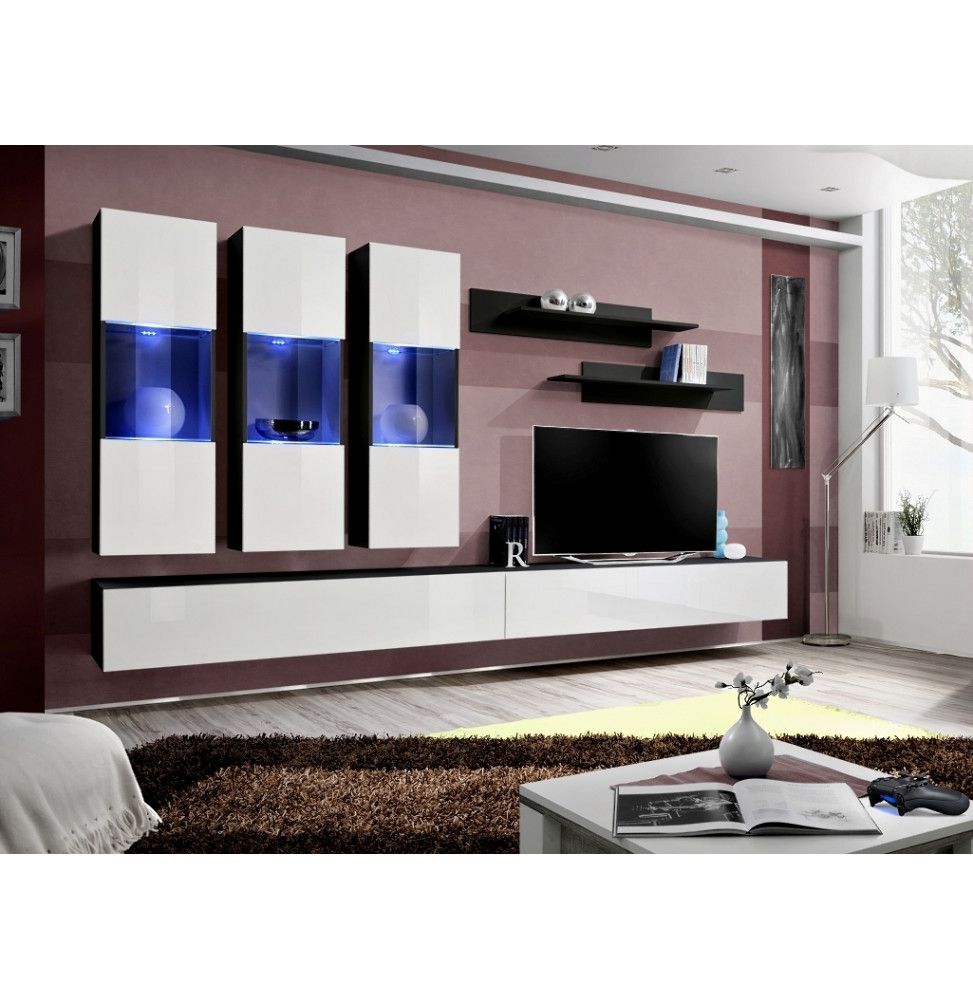 Ensemble meuble TV mural  - Fly II - 320 cm x 190 cm x 40 cm - Noir et blanc