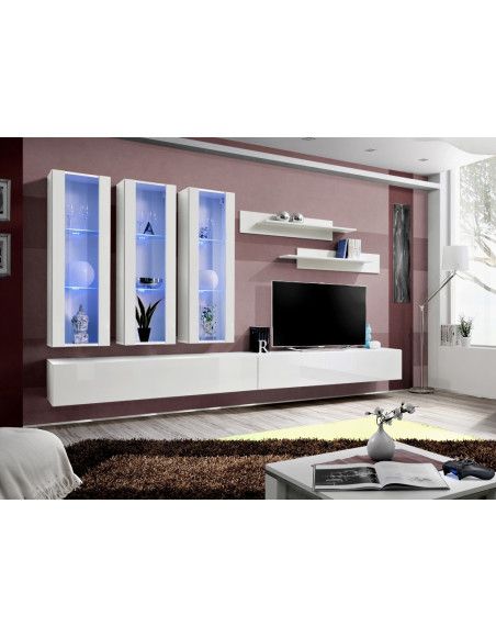 Ensemble meuble TV mural  - Fly III - 320 cm x 190 cm x 40 cm - Blanc