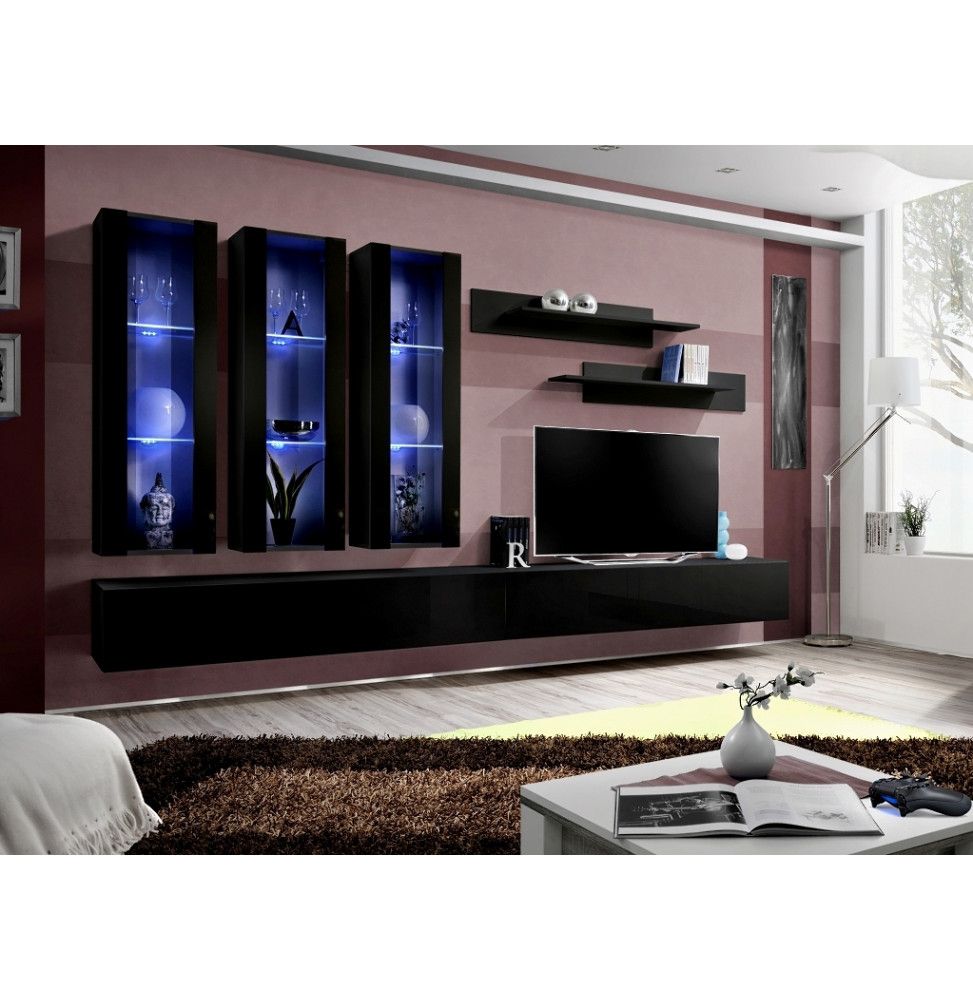 Ensemble meuble TV mural  - Fly IV - 320cm x 190 cm x 40 cm - Noir