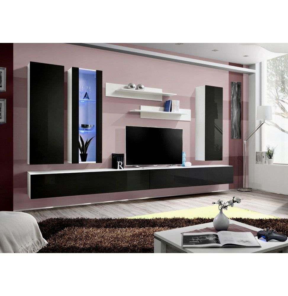 Ensemble meuble TV mural  - Fly II - 320 cm x 190 cm x 40 cm - Blanc et noir