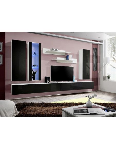 Ensemble meuble TV mural  - Fly II - 320 cm x 190 cm x 40 cm - Blanc et noir