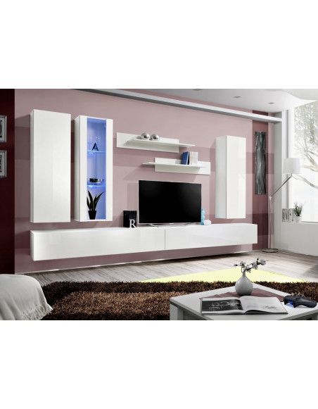 Ensemble meuble TV mural  - Fly V - 320 cm x 190 cm x 40 cm - Blanc