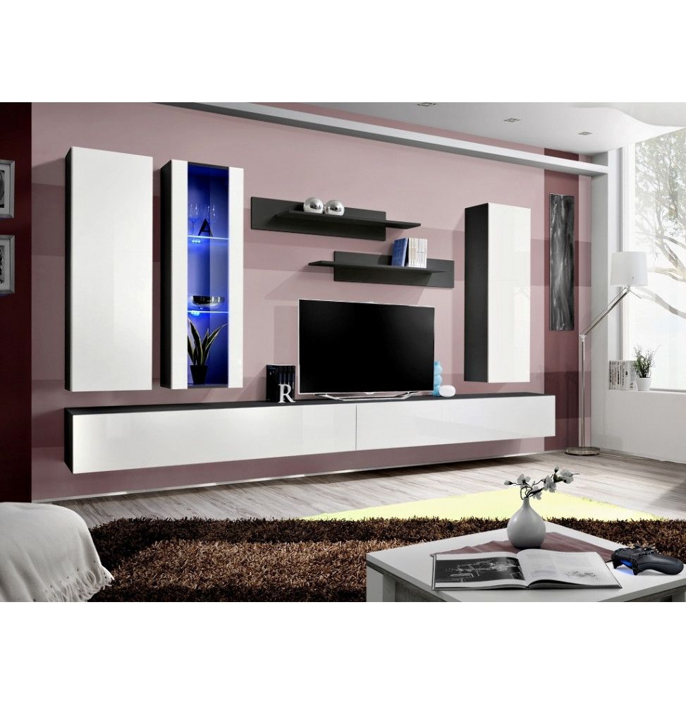 Ensemble meuble TV mural  - Fly IV - 320 cm x 190 cm x 40 cm - Noir et blanc