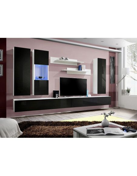 Ensemble meuble TV mural  - Fly III - 320 cm x 190 cm x 40 cm - Blanc et noir