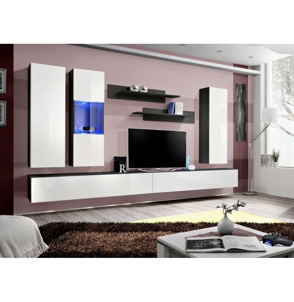 Ensemble meuble TV mural  - Fly V - 320 cm x 190 cm x 40 cm - Noir et blanc