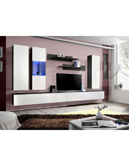 Ensemble meuble TV mural  - Fly V - 320 cm x 190 cm x 40 cm - Noir et blanc