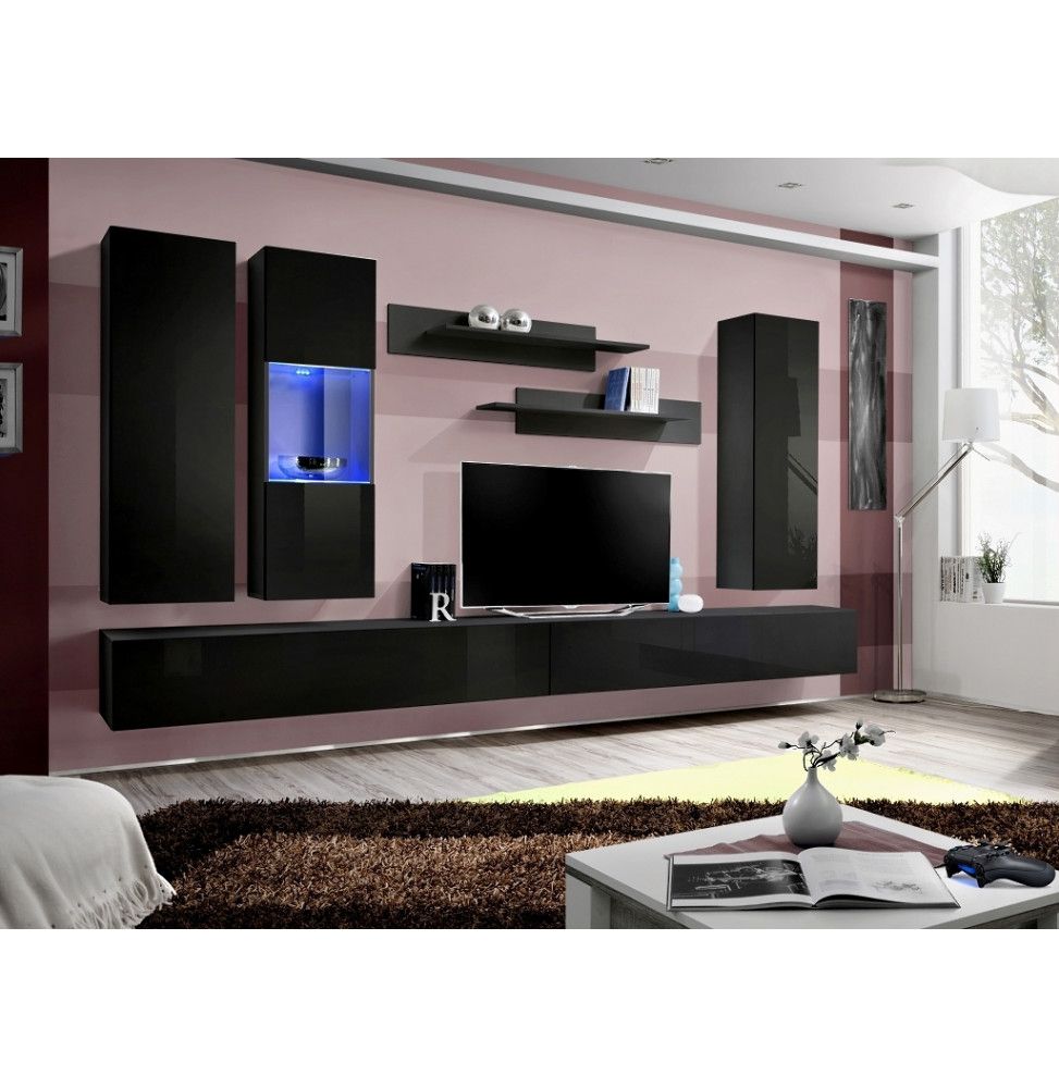 Ensemble meuble TV mural  - Fly V- 339 cm x 190 cm x 40 cm - Noir