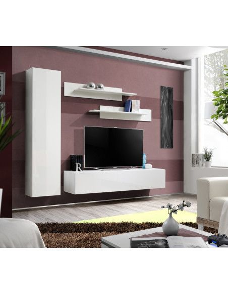 Ensemble meuble TV mural  - Fly I - 210 cm x 190 cm x 40 cm - Blanc