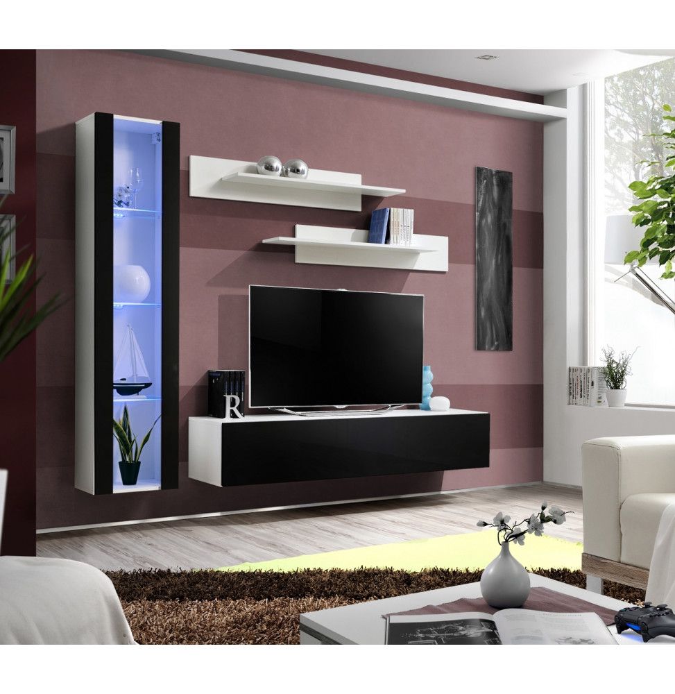 Ensemble meuble TV mural  - Fly II - 210 cm x 190 cm x 40 cm - Blanc et noir