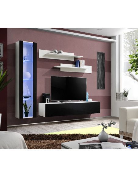 Ensemble meuble TV mural  - Fly II - 210 cm x 190 cm x 40 cm - Blanc et noir