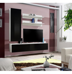 Ensemble meuble TV mural  - Fly III - 160 cm x 170 cm x 40 cm - Blanc et noir