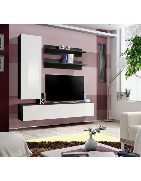 Ensemble meuble TV mural  - Fly III - 160 cm x 170 cm x 40 cm - Noir et blanc