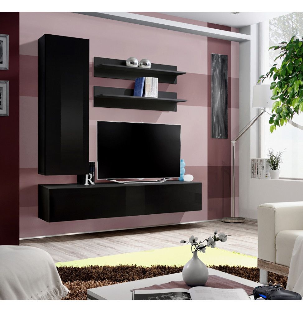 Ensemble meuble TV mural  - Fly I - 160 cm x 170 cm x 40 cm - Noir