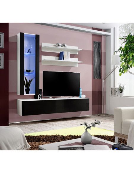 Ensemble meuble TV mural  - Fly I - 160 cm x 170 cm x 40 cm - Blanc et noir