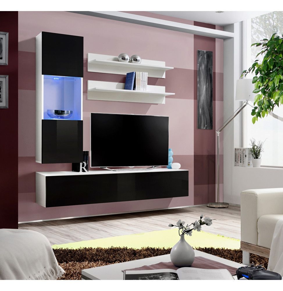 Ensemble meuble TV mural  - Fly II - 160 cm x 170 cm x 40 cm - Blanc et noir