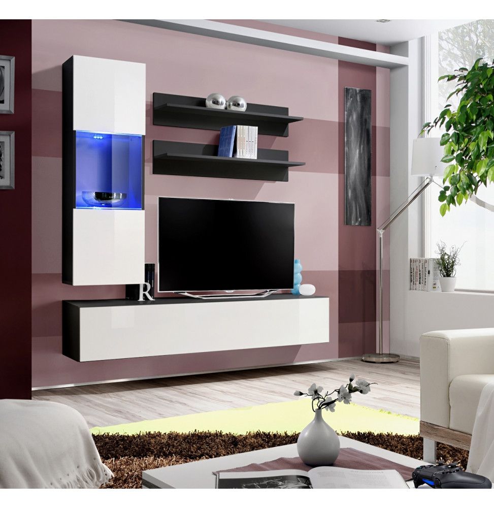 Ensemble meuble TV mural  - Fly II - 160 cm x 170 cm x 40 cm - Noir et  blanc