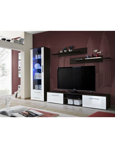 Ensemble meuble TV mural  - GALINO II - 250 cm  x 190 cm x 45 cm - Wengé et blanc