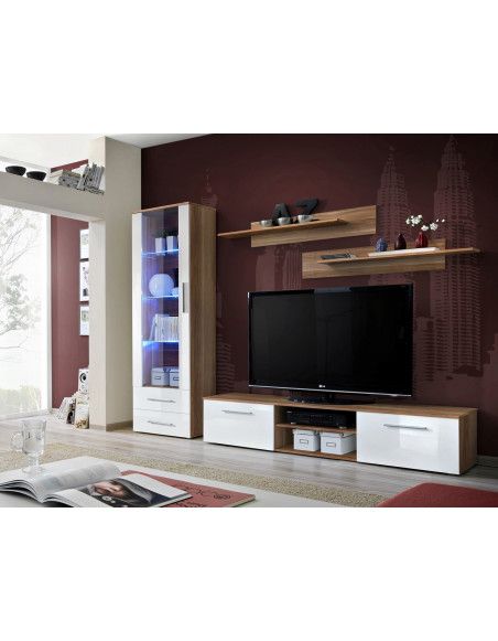 Ensemble meuble TV mural  - GALINO A - 250 cm  x 190 cm x 45 cm - Prunier et blanc