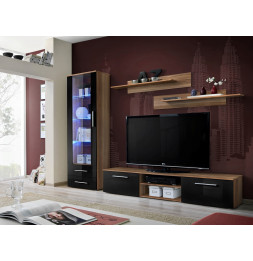Ensemble meuble TV mural  - GALINO A - 250 cm  x 190 cm x 45 cm - Prunier et noir