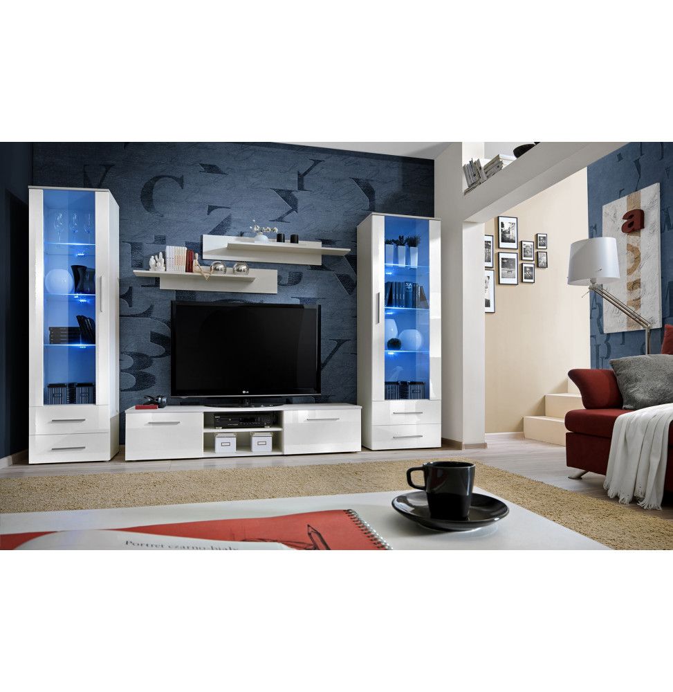 Ensemble meuble TV mural  - GALINO C - 320 cm  x 190 cm x 45 cm - Blanc