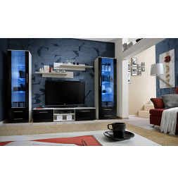 Ensemble meuble TV mural  - GALINO C - 320 cm  x 190 cm x 45 cm - Blanc et noir