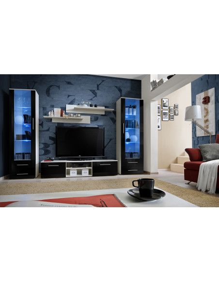 Ensemble meuble TV mural  - GALINO C - 320 cm  x 190 cm x 45 cm - Blanc et noir