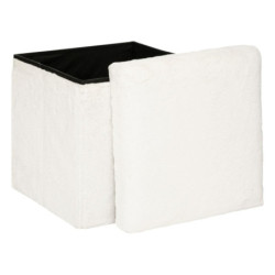 Pouf et coffre de rangement en bois et fourrure "Ezzio" - Blanc - L 38 x P 38 x H 38 cm
