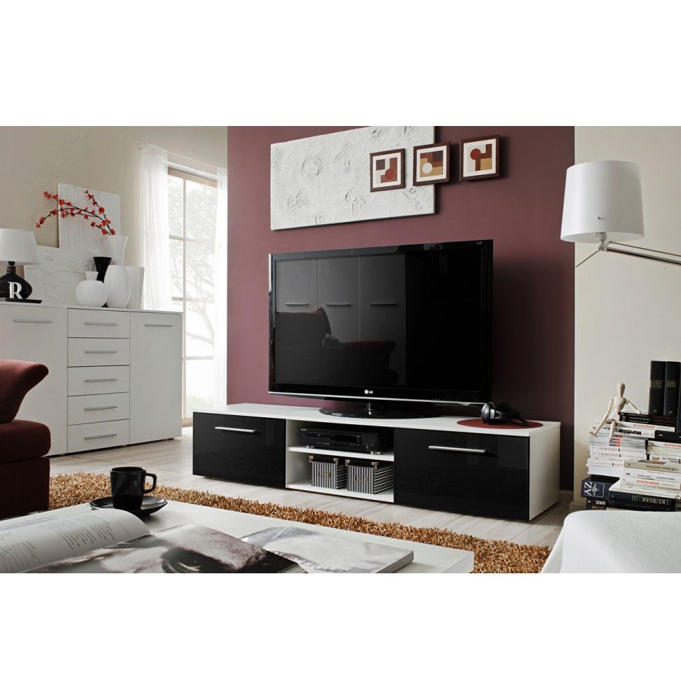 Banc TV - Bono II - 180 cm x 37 cm x 45 cm - Blanc et noir