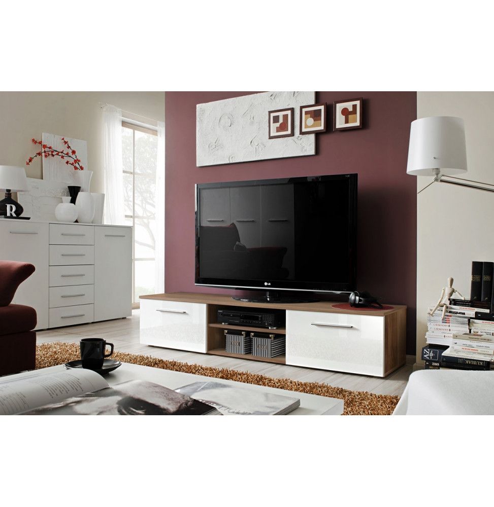Banc TV - Bono II - 180 cm x 37 cm x 45 cm - Prunier et blanc