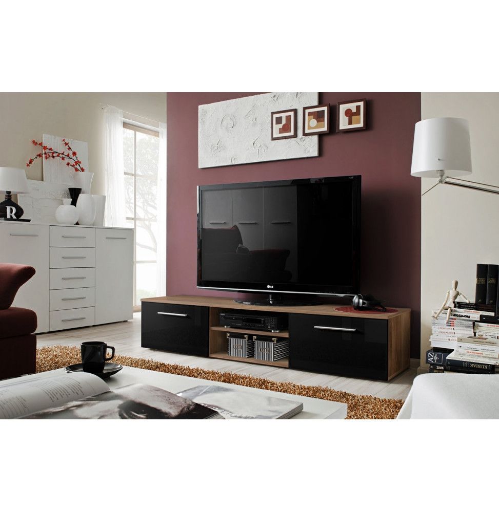Banc TV - Bono II - 180 cm x 37 cm x 45 cm - Prunier et noir