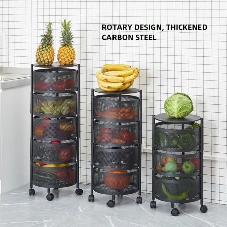 Resserre 4 paniers rotatifs sur roues en acier noir | H 75 cm x D 30 cm | Etagère de rangement cuisine, salle de bain, bureau...