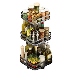 Etagère rotative multirangements H 59 cm x L 24 cm : épices, boîtes, flacons | Support carré 3 niveaux | Noir