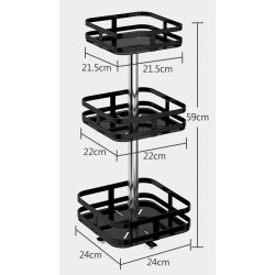 Etagère rotative multirangements H 59 cm x L 24 cm : épices, boîtes, flacons | Support carré 3 niveaux | Noir