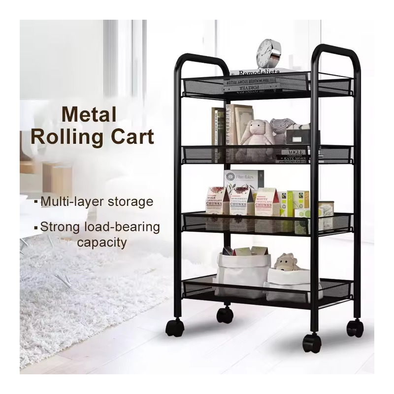 Resserre Métallique Rectangulaire 4 Niveaux à Roulettes  Noir  Desserte de Rangement - L 44 x l 27 x H 86 cm