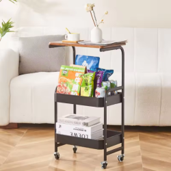Chariot de Rangement 3 Niveaux Métal Noir & Bois  77 x 43 x 30 cm  Roulettes Métal Autobloquantes
